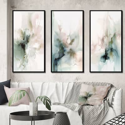 Designart "Green And Cream Essence Of Modernity III" Abstract Framed Wall Art Set Of 3 For Living Room Decor
