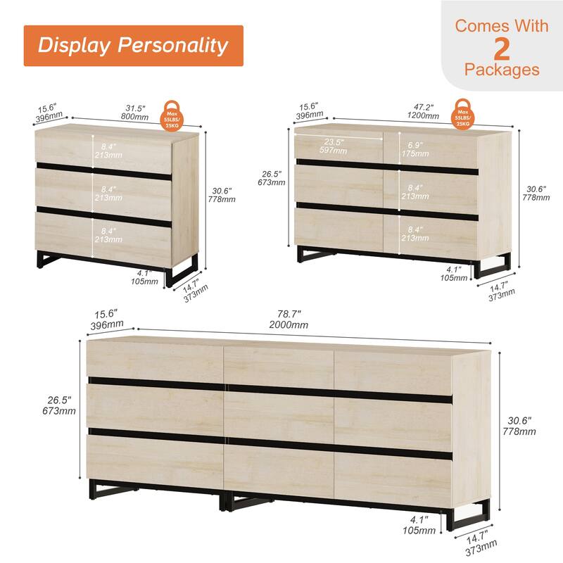 WAMPAT 3 in 1 Dresser with Glass Doors and 7 Drawers, Modern Chest of Drawers with Adjustable Shelf for Bedroom