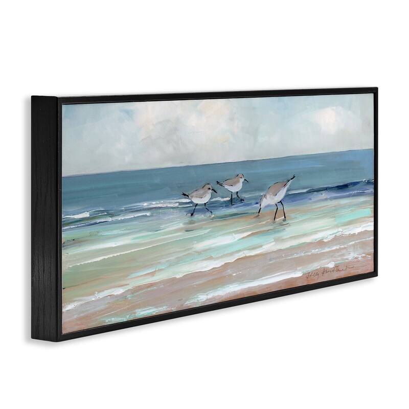 Stupell Panoramic Sandpipers Birds Shoreline Ocean Landscape Painting Framed Wall Art - Blue