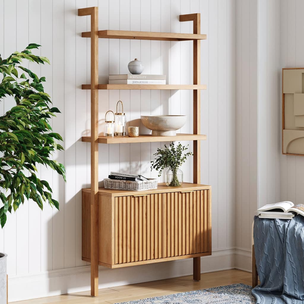 Jasper 3-Shelf Solid Wood Boho Bookshelf, Wall Mounted Bookshelf with Cabinet with Fluted Doors