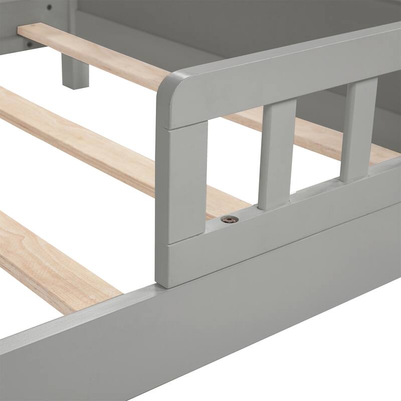 Twin Size Pine Bed w/ Bookcase Headboard ,LED Sensor Light, Guardrails