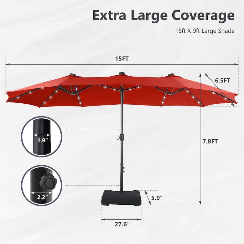15ft Patio Umbrella Double-Sided Outdoor Extra Large Crank Lift Umbrella with Solar Led Lights and Base Included