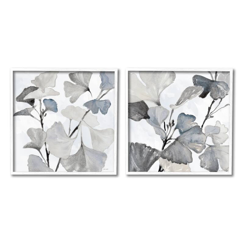 Stupell Elegant Monochromatic Plant Leaves Botanical Illustration Framed 2 Piece Wall Art - White - 17 x 17 - White