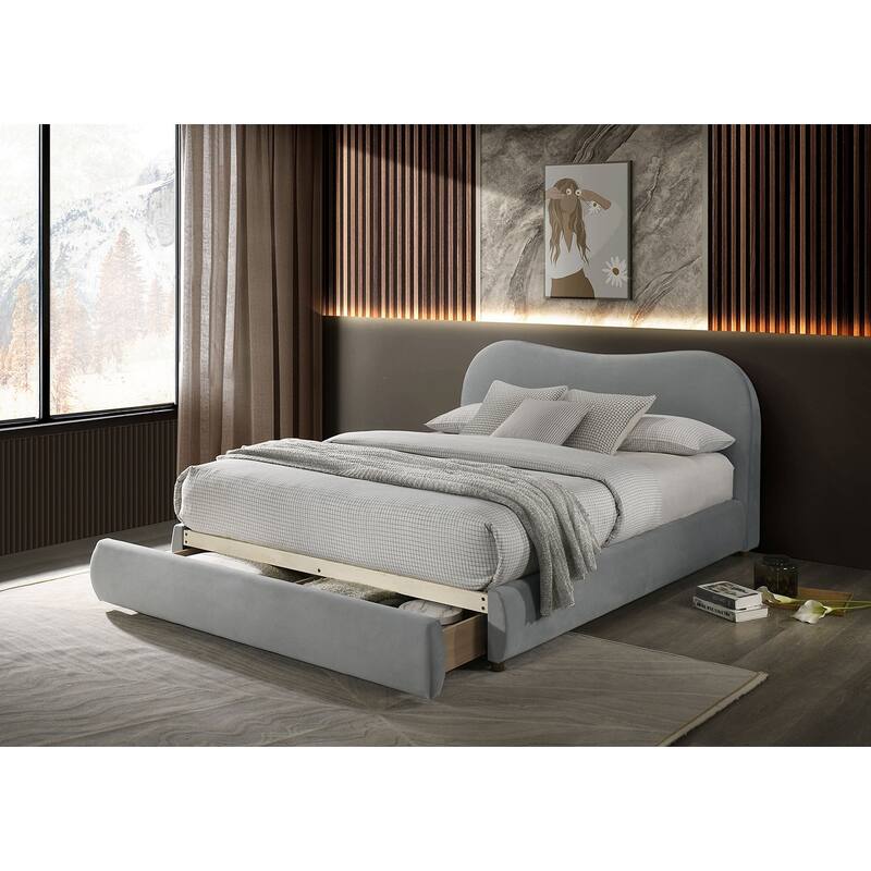 Light Gray Upholstered 1-pc Curved Headboard Contemporary Storage Bed