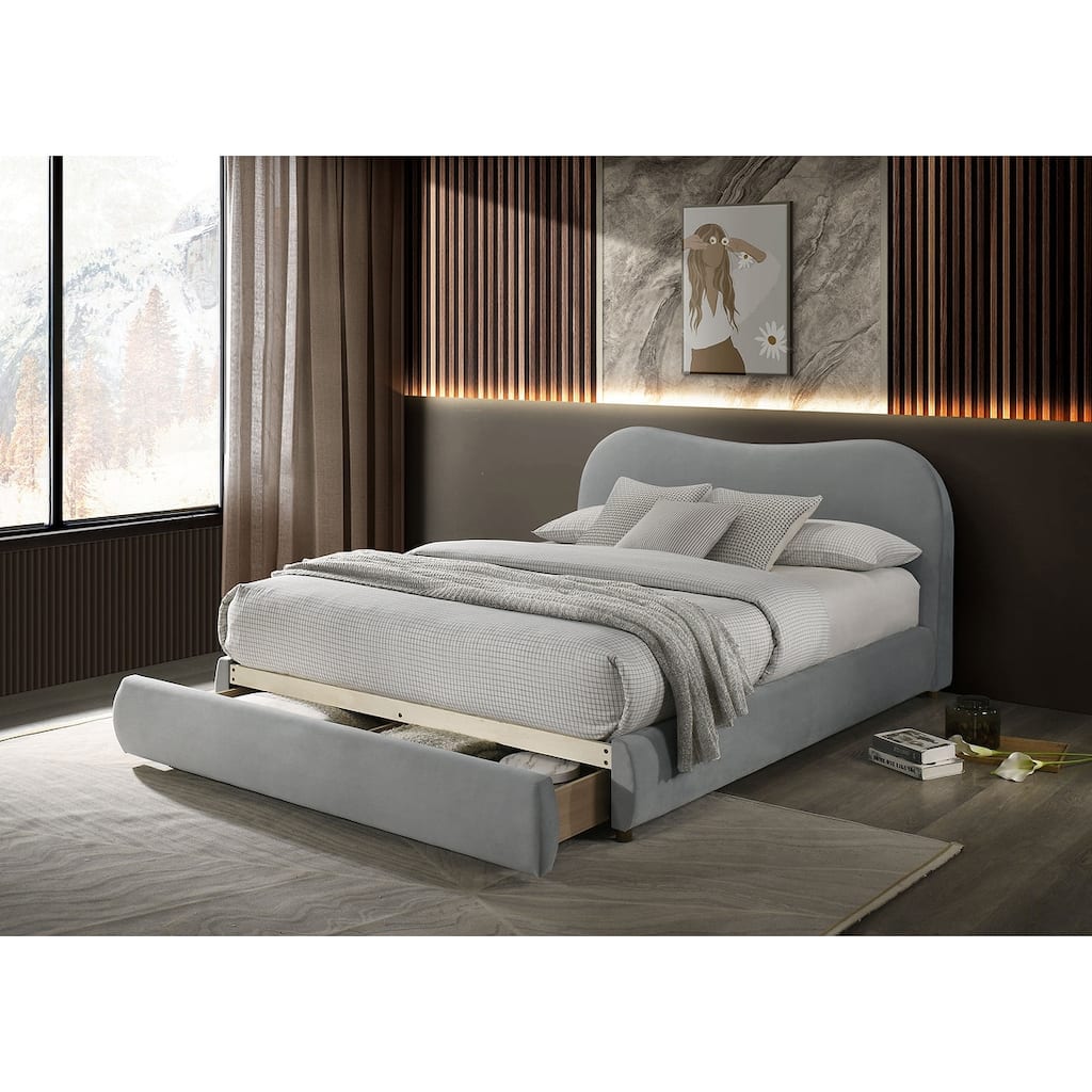 Light Gray Upholstered 1-pc Curved Headboard Contemporary Storage Bed