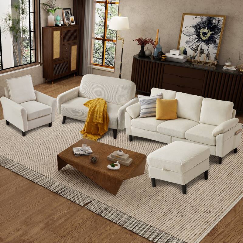 4 Pieces Corduroy Living Room Sets with Sofa, Ottoman and Loveseat