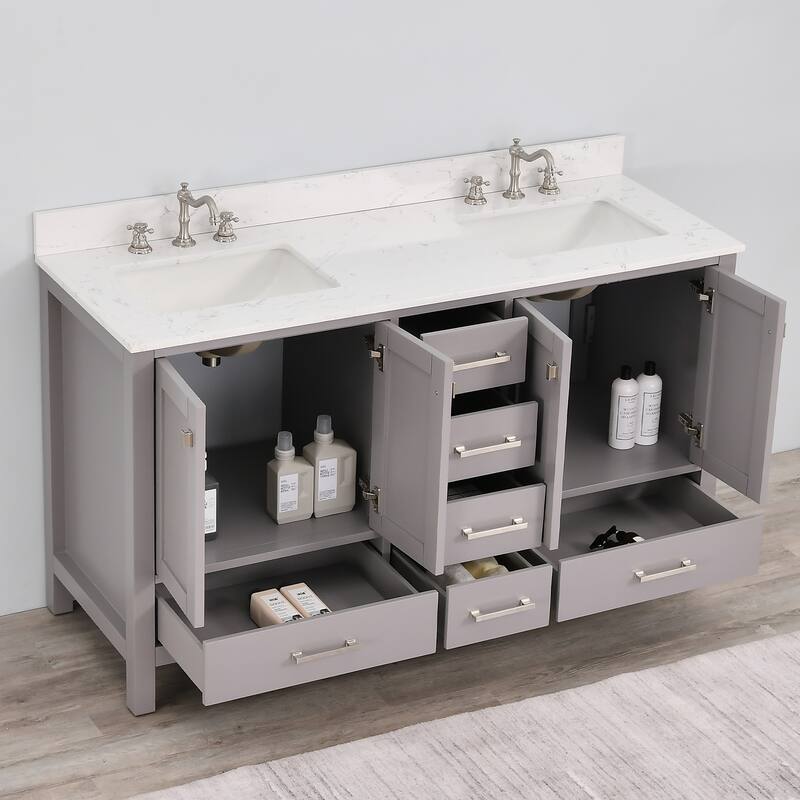 PROOX 60" Bath Cultured Marble Vanity Top Double Rectangle Sink