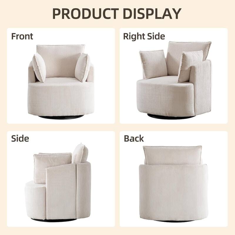 Swivel Accent Chair,360°Swivel Barrel Chair with 3 Pillows Corduroy Round Armchair Single Sofa Chair for Living Room Bedroom