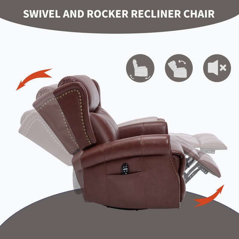 Manual Recliner Chair with Heat & Massage, Genuine Leather Swivel Recliner Chair, Lounge Sofa Chair with Side Pockets