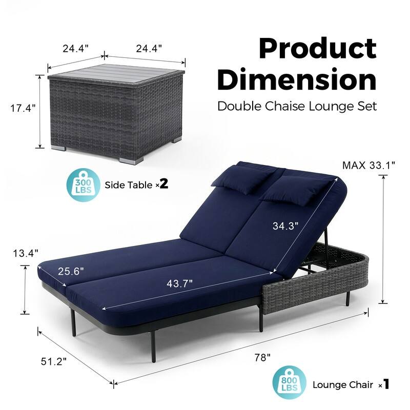 2-Person Outdoor Double Chaise Lounge with 2 Side Tables, Wicker Patio Reclining Daybed, Adjustable Backrests, 800 lb Capacity