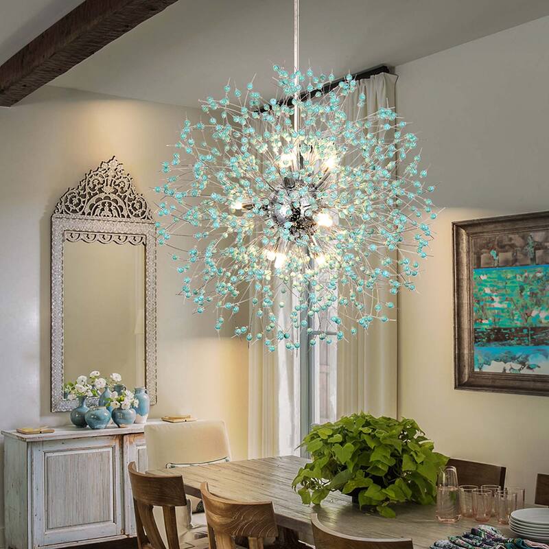 9-Light Modern Linear Starburst Firework Chandelier Green Dandelion Sputnik Island Pendant - 9-Lights - Silver