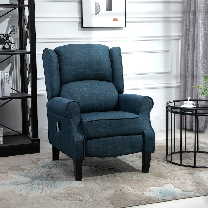 Wingback Manual Recliner Sofa Linen Fabric Heating Vibration Massage Lounge Chair with Adjustable Footrest, Wired Remote Control - Blue