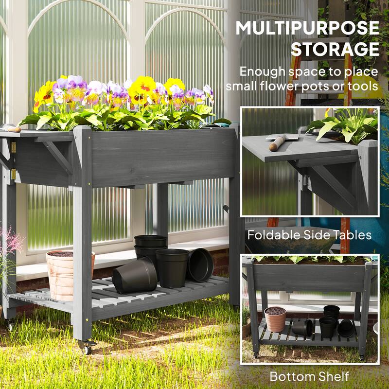 Raised Garden Bed with Storage Shelf and Foldable Ledges Fir Wood Planter for Indoor Outdoor Gardening