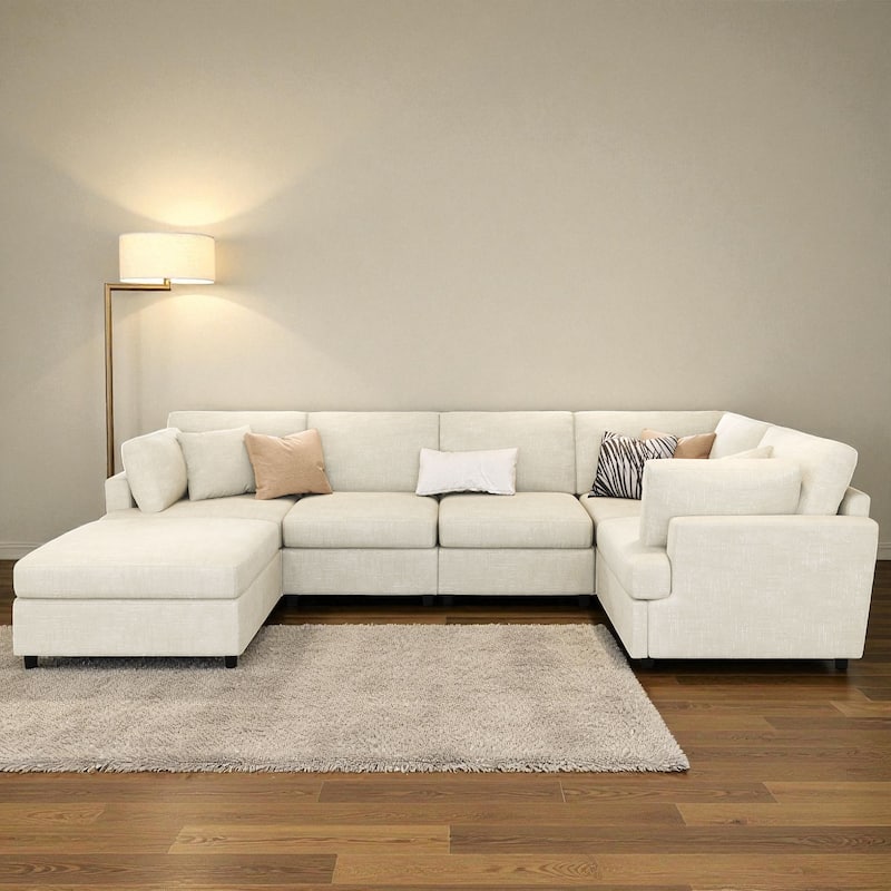 127" U-Shaped Modular Sectional Sofa with Movable Ottoman, 6-Piece Chenille Couch Set with Pine Wood Frame for Living Room