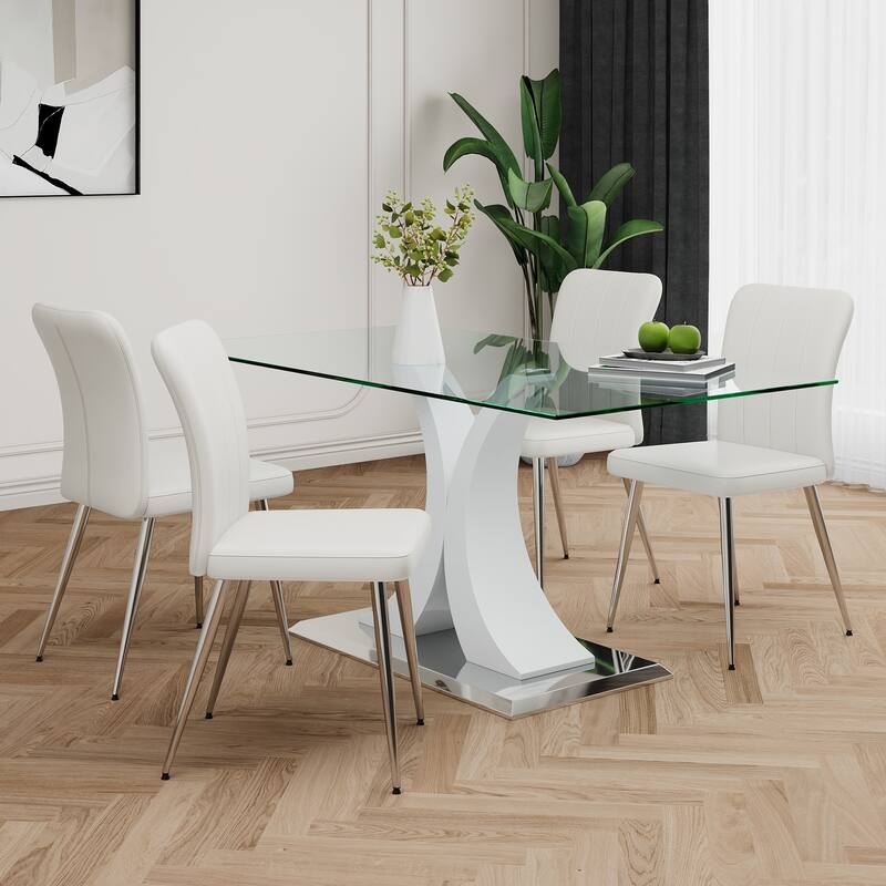 Modern Style Glass Table,Dining Chair Set, Electroplated Chair Legs, Suitable For Restaurant Kitchens(Set of 5) - White