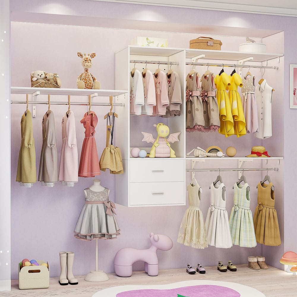 96'' W Wall-mounted Closet System with Storage Shelves and Hanging Rods,Adjustable Walk-in Closet Organizer System