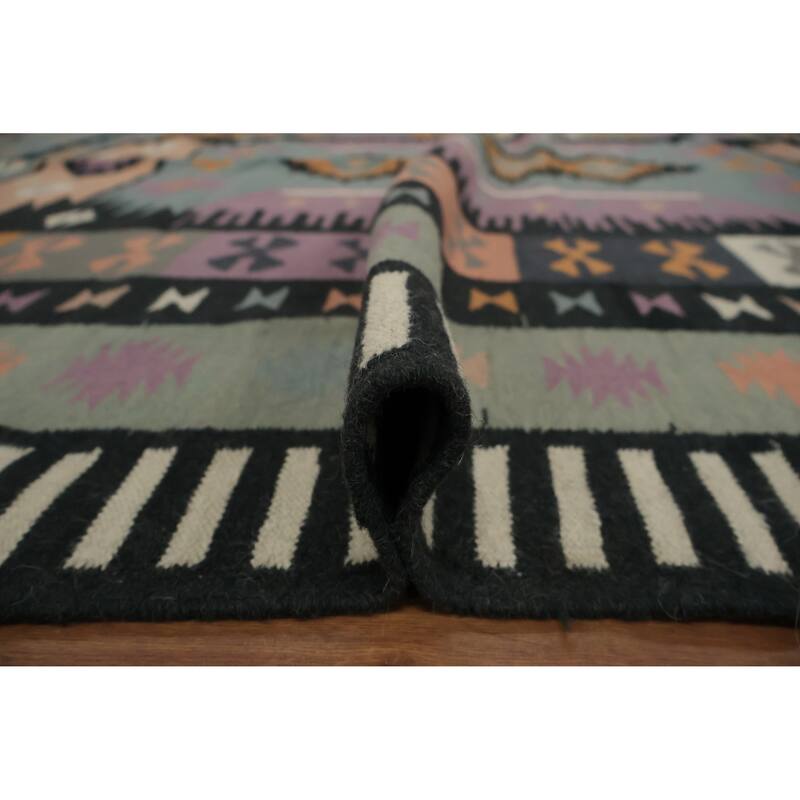 Hand Woven Oriental 100% Wool Carpet Southwestern Tribal Navy Blue & Blues Kilim Area Rug - 10' 2'' X 8' 4''