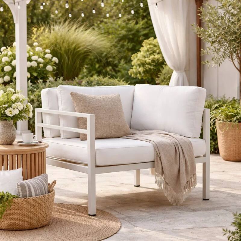 Cilo 34 Inch Outdoor Armchair, White Aluminum, Water Resistant Cushions