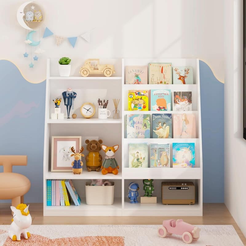 Kids Wooden Bookshelf and Toy Storage Organizer with 4-Tier Shelves
