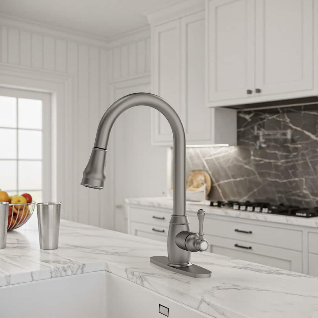 Single Handle Pull Down Sprayer Hot and Cold Kitchen Faucet 360° Spout Swivel with Deckplate