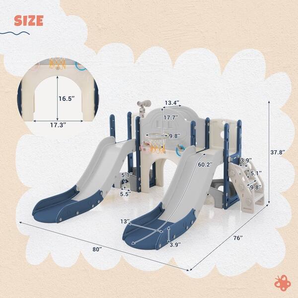 dimension image slide 4 of 5, 7 in 1 Toddler Slide Playset, Kids Climbers Playground with Double Slides, Arch Tunnel, Ring Toss and Basketball Hoop