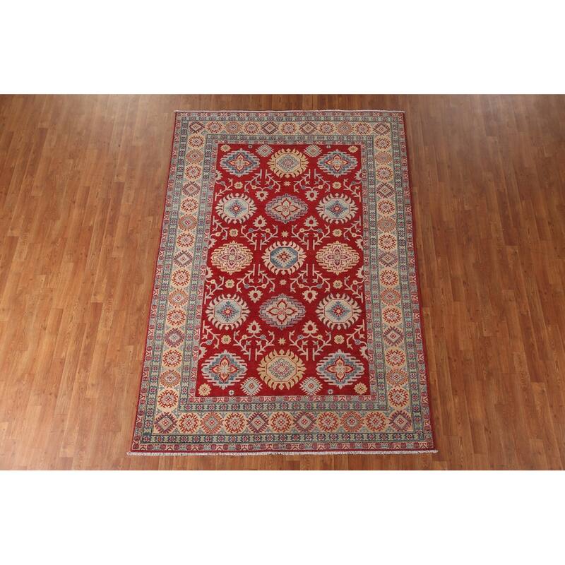 Red Geometric Kazak Area Rug Handmade Oriental Wool Carpet - 6'0" x 8'10"