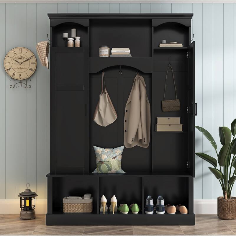 Modern Hall Tree with Adjustable Shelves Dual Cabinets Bench Entryway Organizer