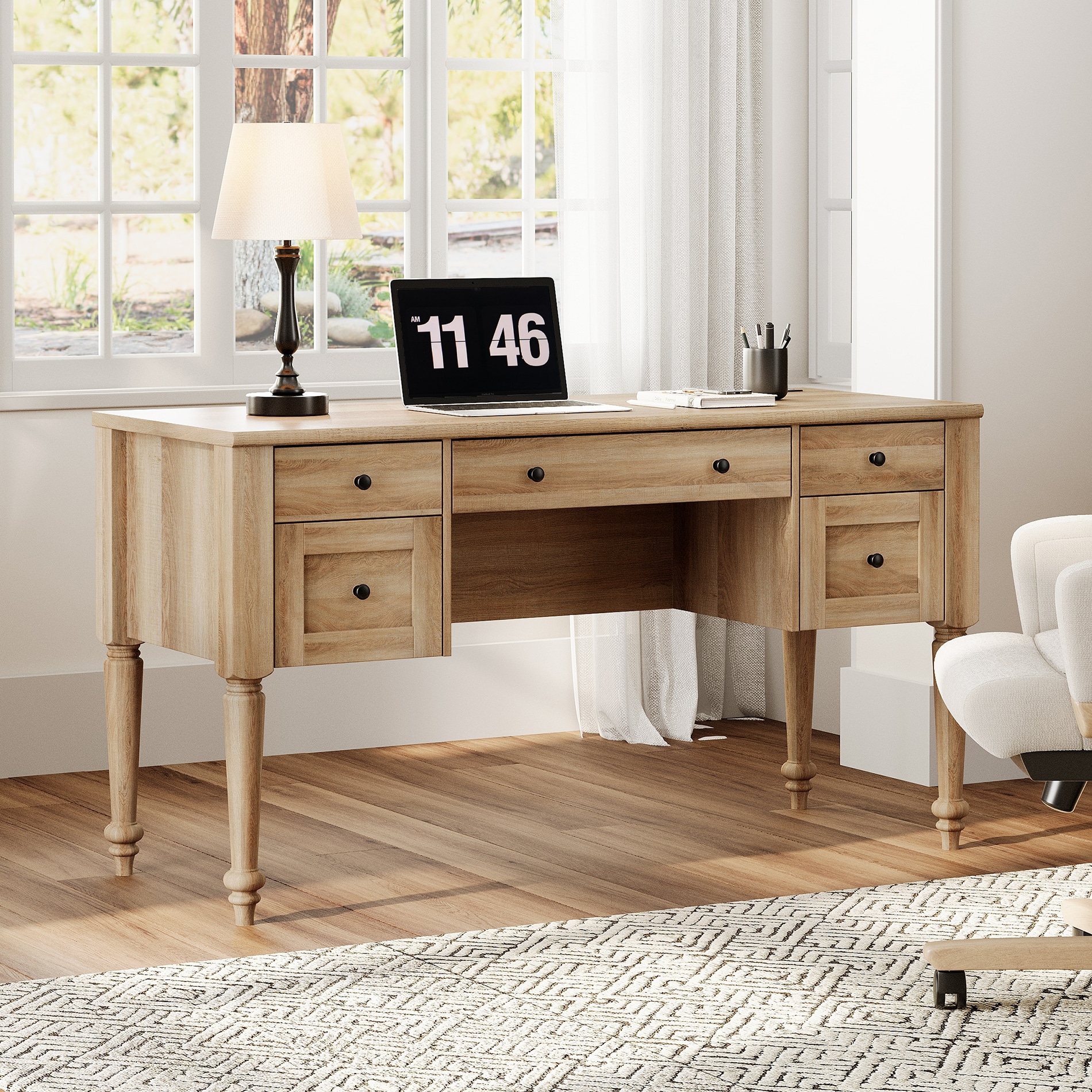 Farmhouse Executive Desk with Storage, Wood Writing Desk with Charging - 5 Drawers and 2 Doors