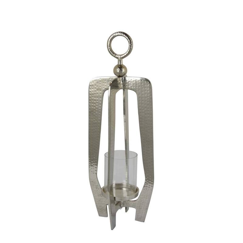 Brie Candle Holder Lantern, 23 Inch, Silver Metal Frame, Glass Shade