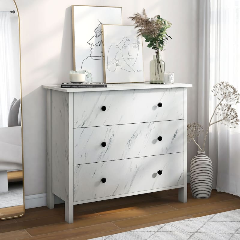 DH BASIC Transitional 34-inch Wide 3-Drawer Neutral Youth Dresser by Denhour - White Marble