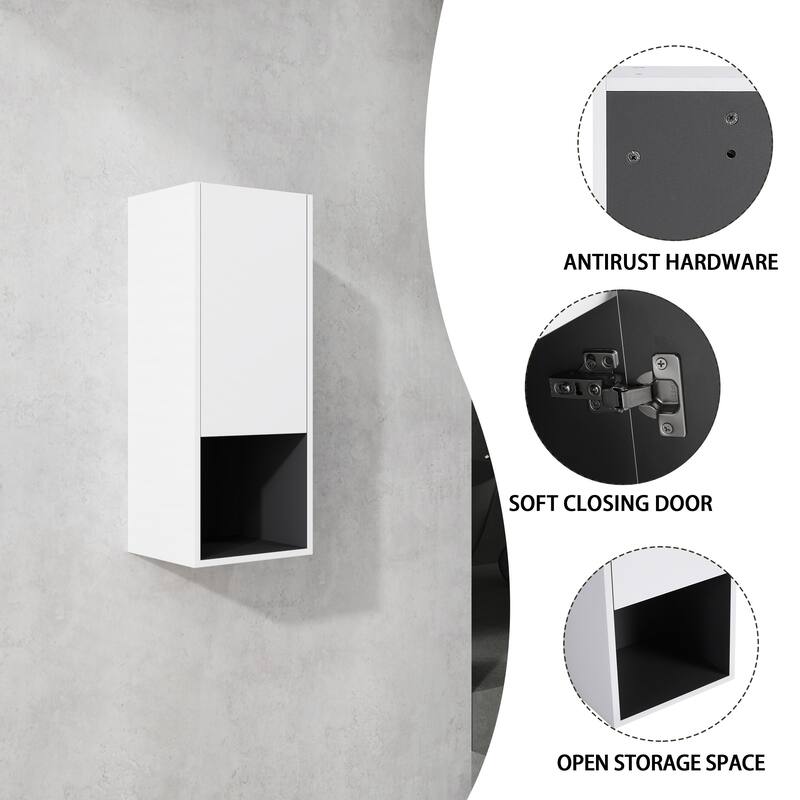 Modern Wall-Mounted Bathroom Side Cabinet with Soft-Close Doors, Floating Design, 6 Storage Compartments, 12-Inch Width
