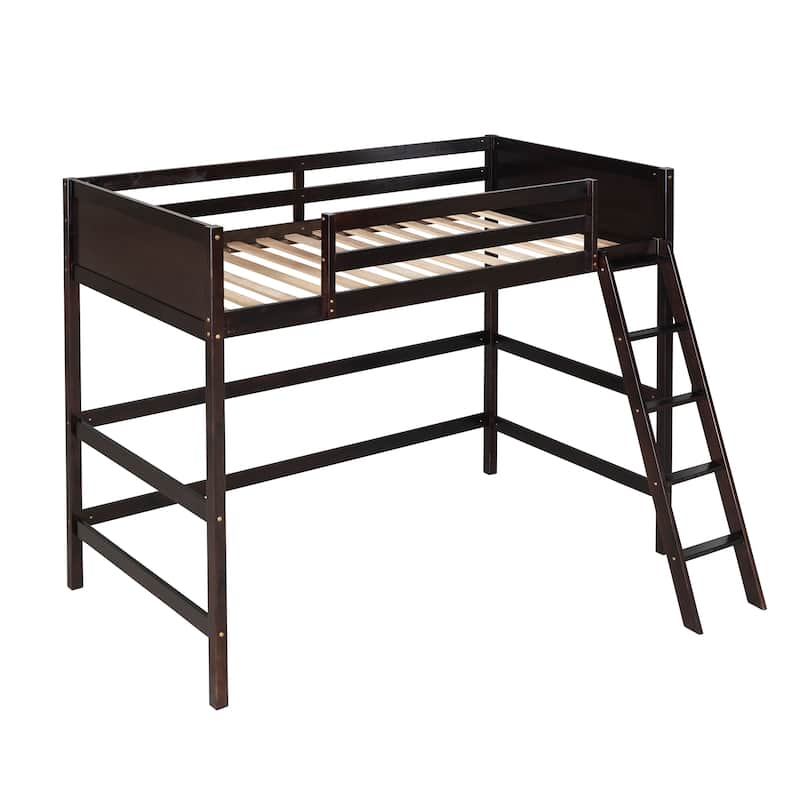 Minimalist Twin Size Loft Bed with Ladder and Guardrails