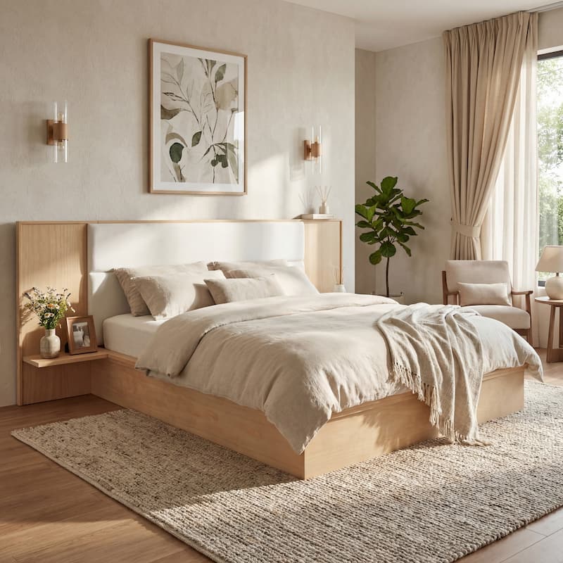 Christopher Knight Home - Avery Platform Bed Frame with Upholstered Headboard & Built-In Side Shelves, No Box Spring Needed - Light Brown+Beige - King