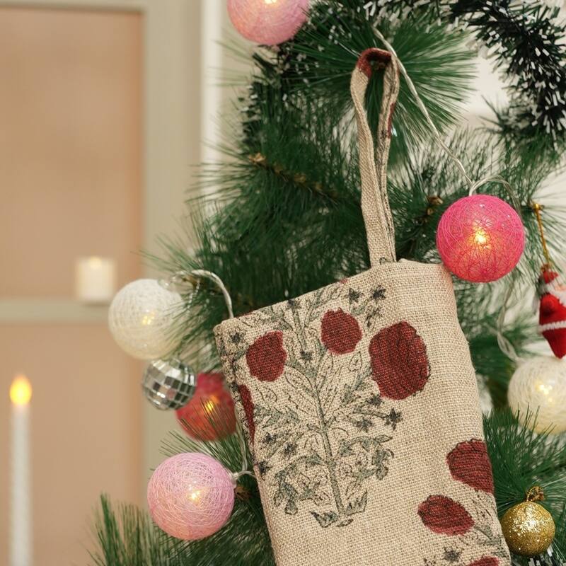Fabdivine Handmade Linen Floral Block Print Christmas Stocking Home Décor Perfect for Gift - 10"X4.5"