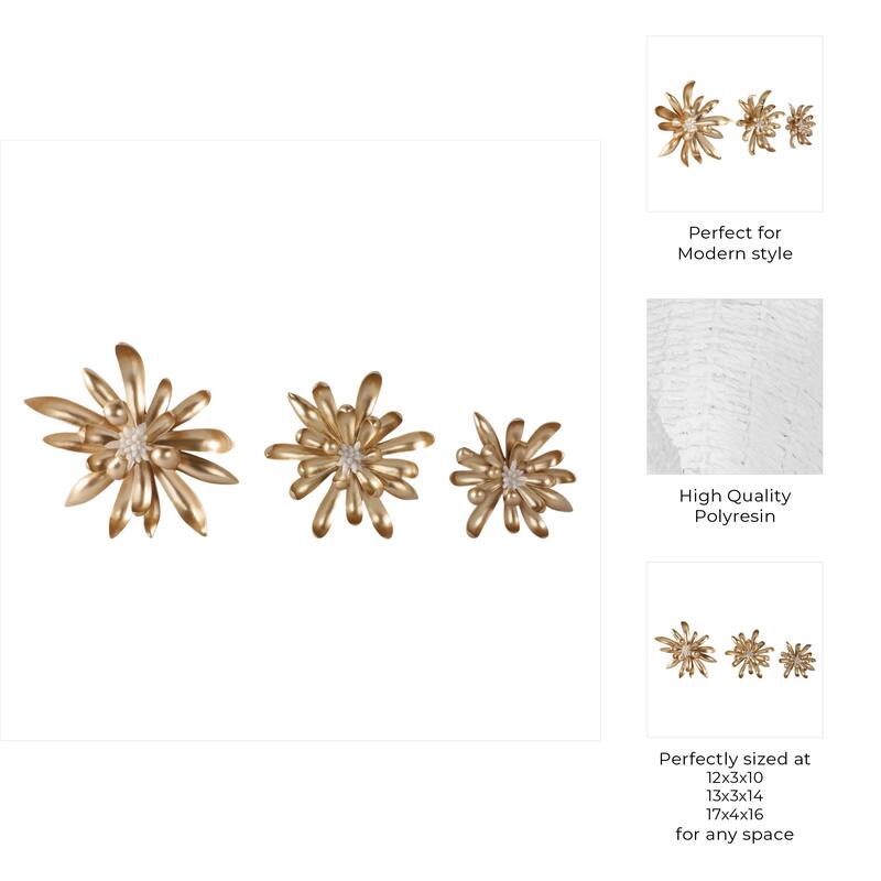 Polyresin Wall Sculpture Floral Design (Set of 3) - 16/14/10" Gold - 17.5" x 4" x 16"