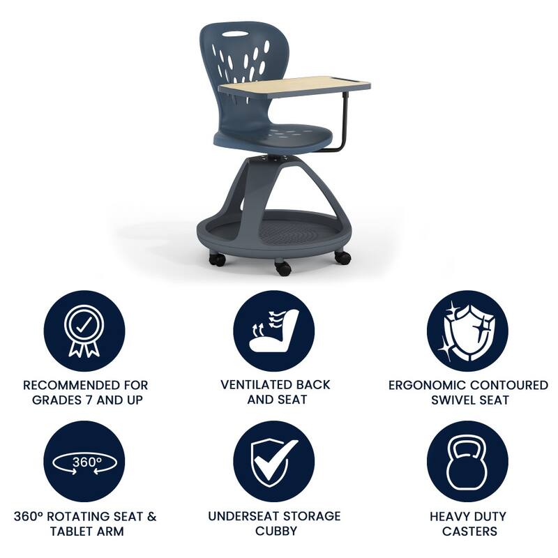 Mobile Desk Chair - 360-deg Tablet Rotation and Storage Cubby