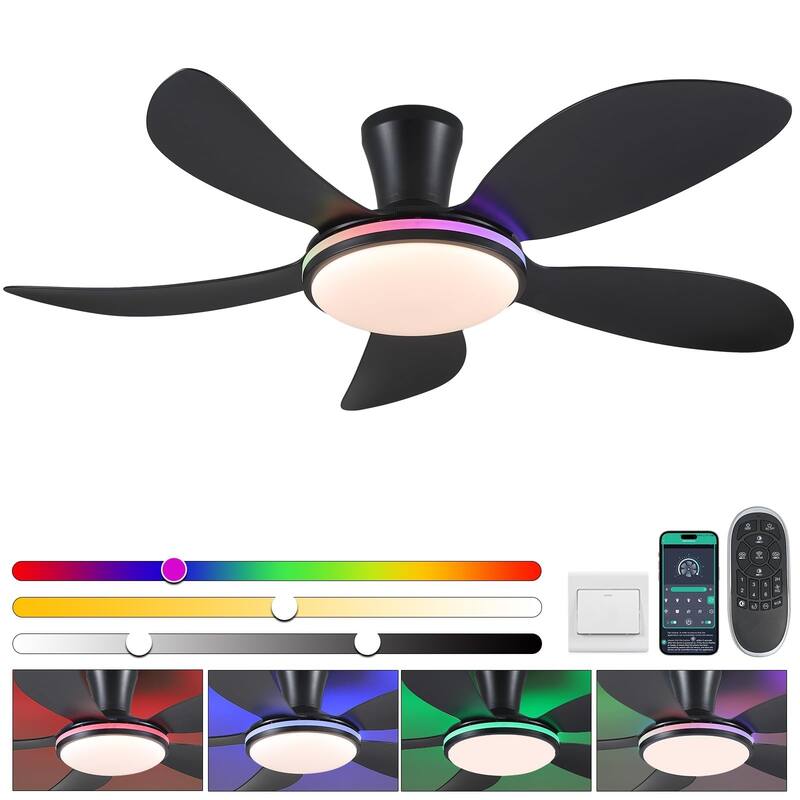 48 Inches Low Profile Ceiling Fan with Light - 48 Inches - Black-RGB