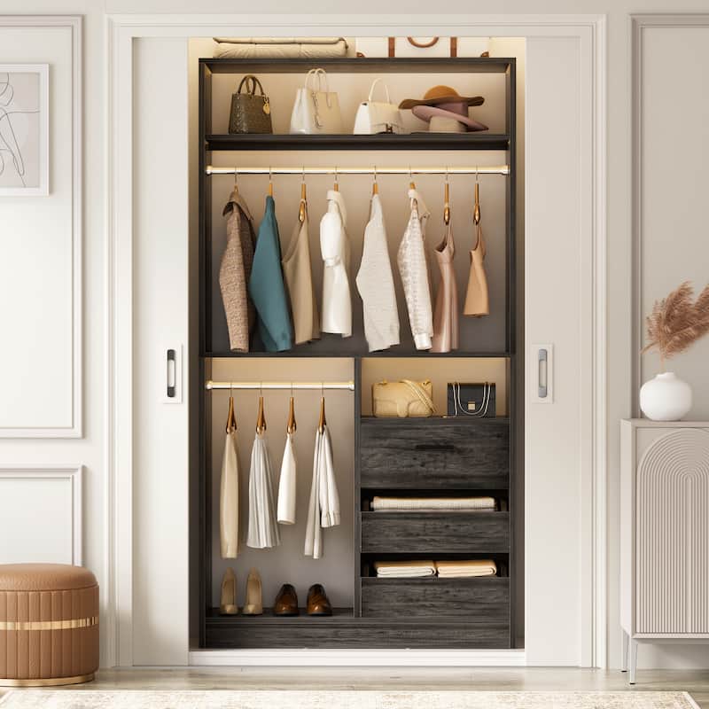 36'' W Freestanding Walk-in Closet Organizer System with 2 Hanging Rods and 3 Wood Drawers - Black Oak