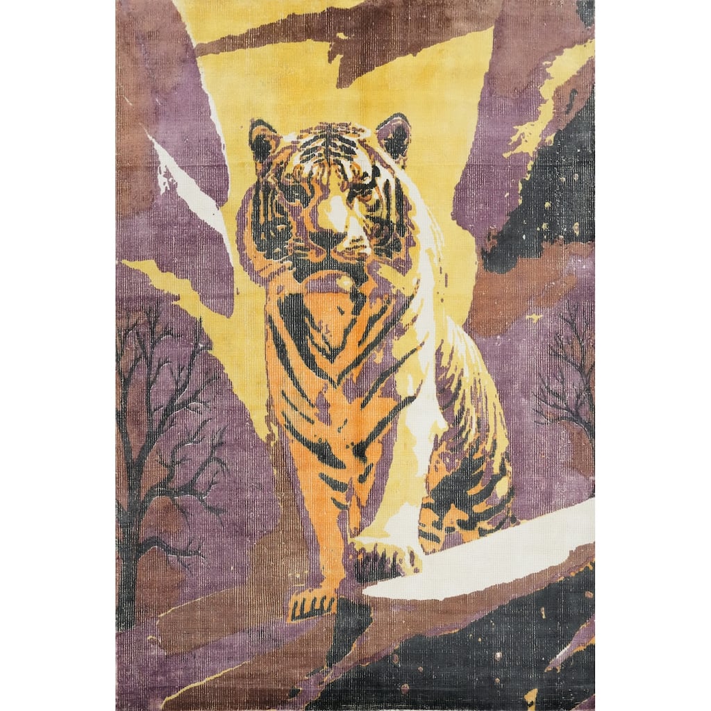 Hand Knotted Oriental Viscose Silk Carpet Modern Animal Pictorial Purples Abstract Area Rug - 7' 9'' X 5' 8''