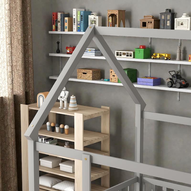 Full Size House Floor Bed with Wooden Roof Frame and Fence Guardrails, Solid Wood Kids Floor Bed
