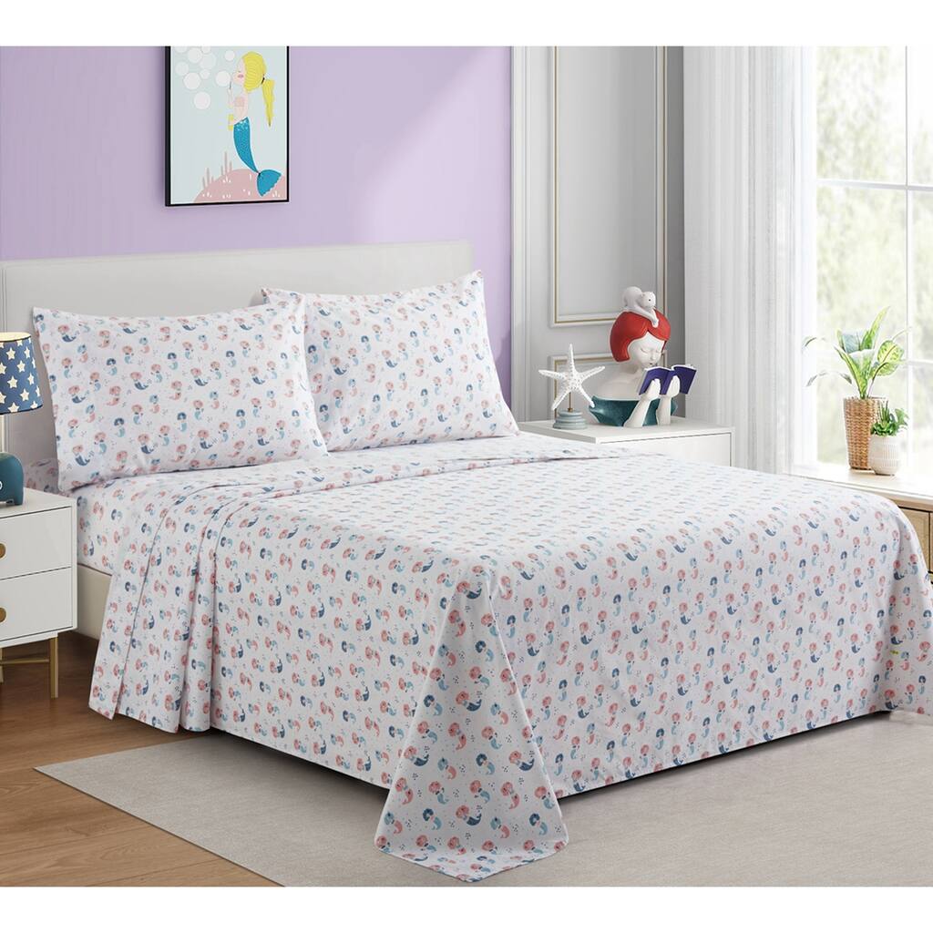 Kids Girls Printed 600 Thread Count Soft Deep Pocket Cotton Blend Percale All Season Bedding Sheet Set, Cartoon Mermaid