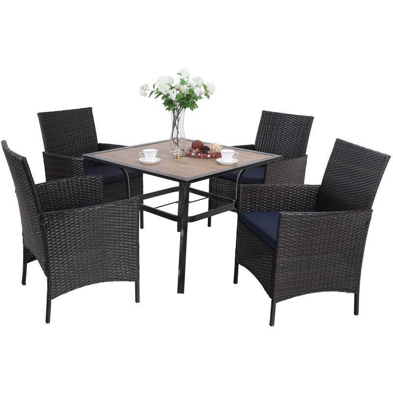 Patio 5-piece Dining Set, 1 Square 37" Metal Table with Umbrella Hole and 4 Rattan Chairs with Cushion - Dark Brown