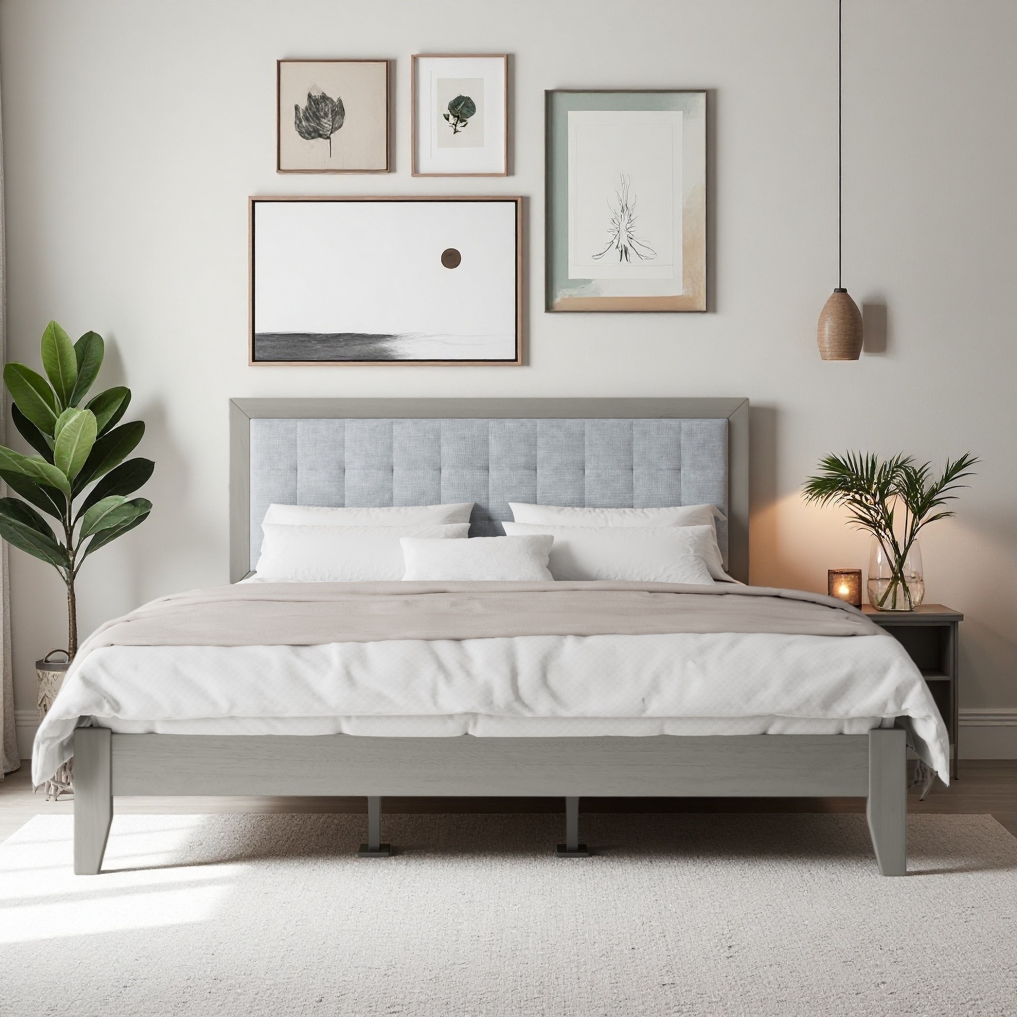Solid Wood Platform Bed with Upholstered Square Tufted Headboard