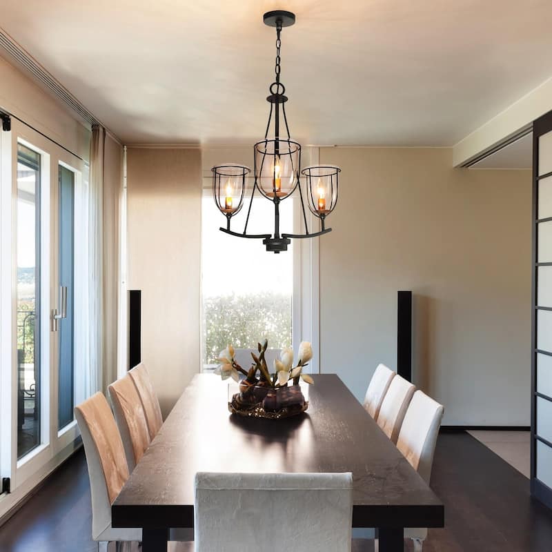 Modern Farmhouse 3-Light Glass Chandelier Black Metal Frame Entryway Hanging Lights - D19" x H82"