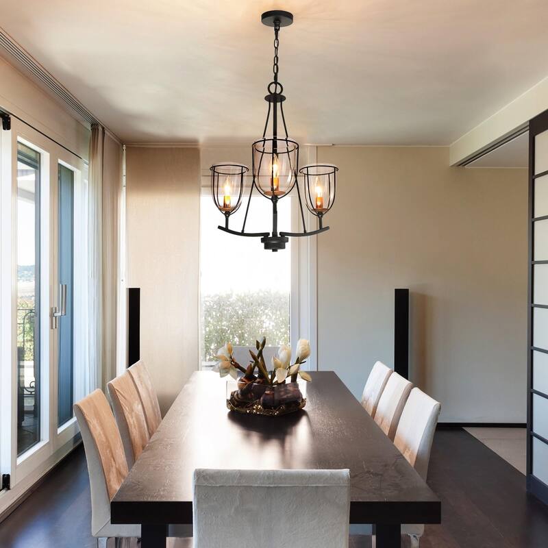 Modern Farmhouse 3-Light Glass Chandelier Black Metal Frame Entryway Hanging Lights - D19" x H82"