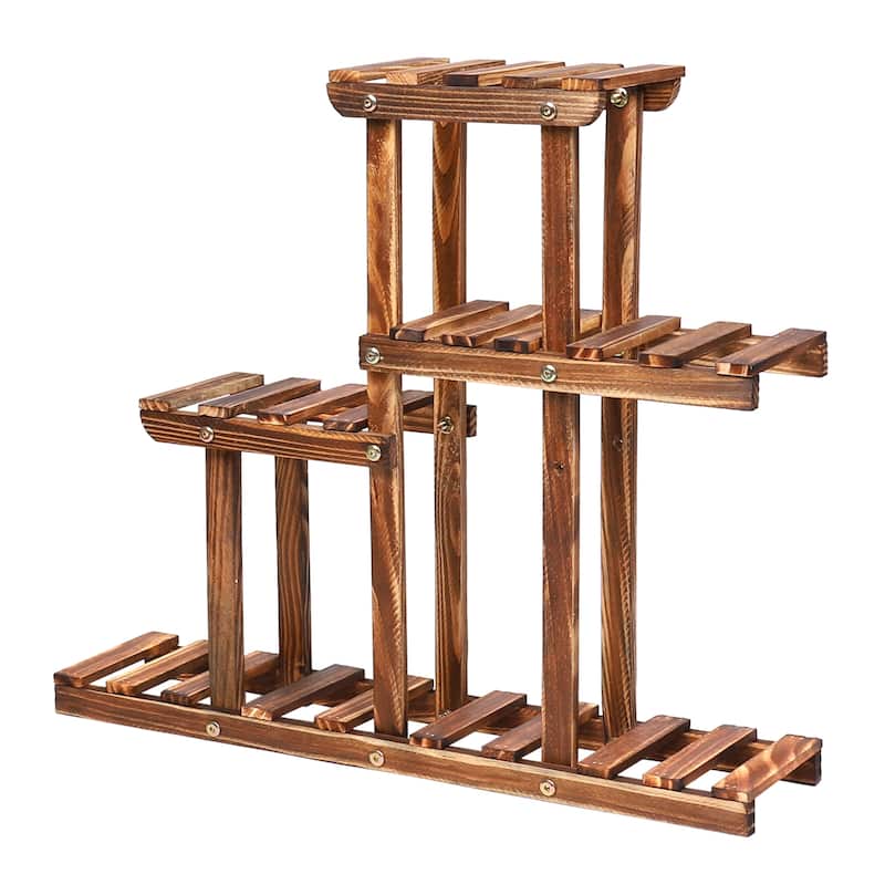 4 Tier Small Plant Stand Carbonized Wood Flower Rack Indoor Outdoor