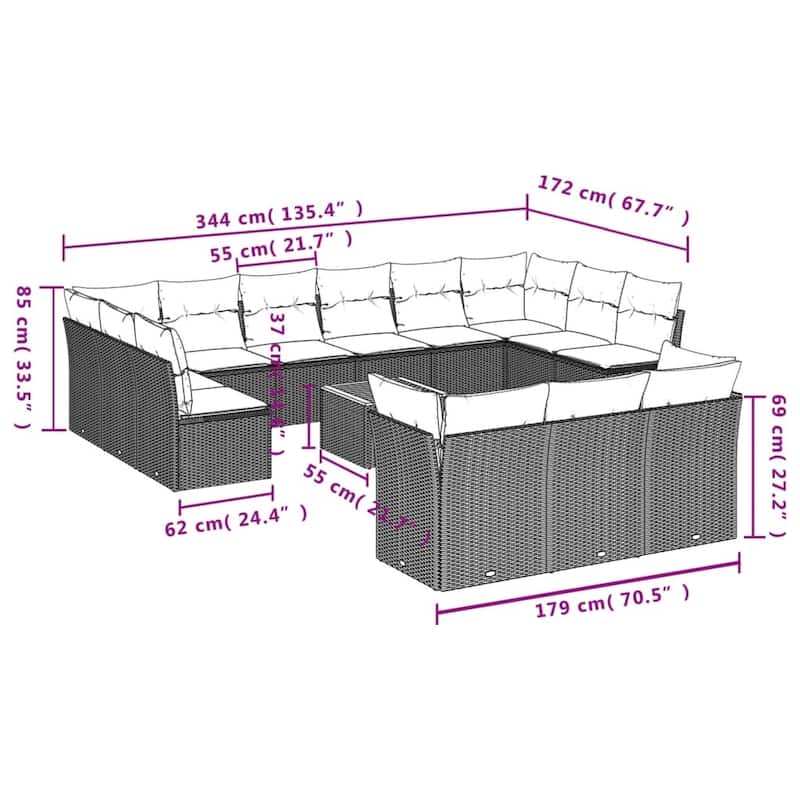 vidaXL Patio Sofa Set with Cushions Outdoor Furniture 14 Piece Poly Rattan - 24.4x 24.4x 27.2