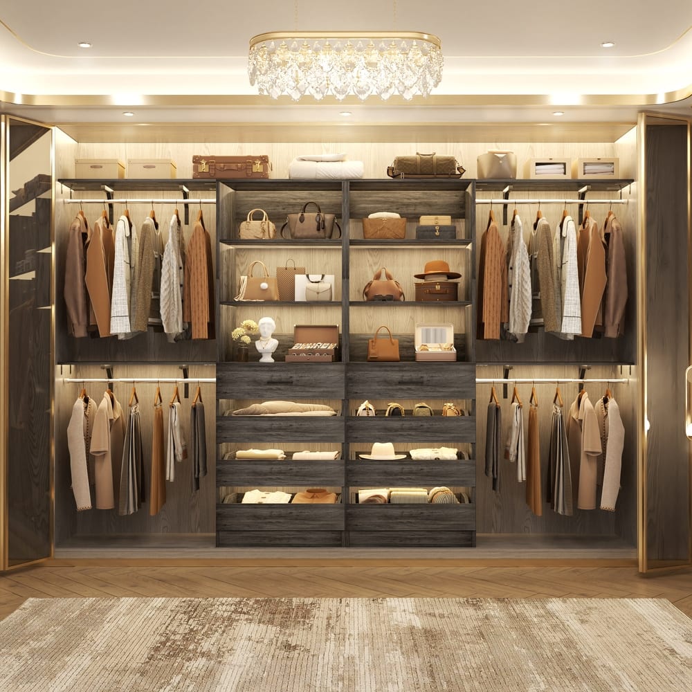 Set of 2 Closet System with Wooden Drawers and Hanging Rods, Closet Organizer with Adjustable Storage Shelves