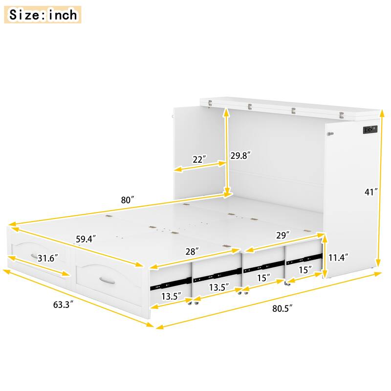 Murphy Bed Wall Bed with Drawer and a Set of Sockets & USB Ports