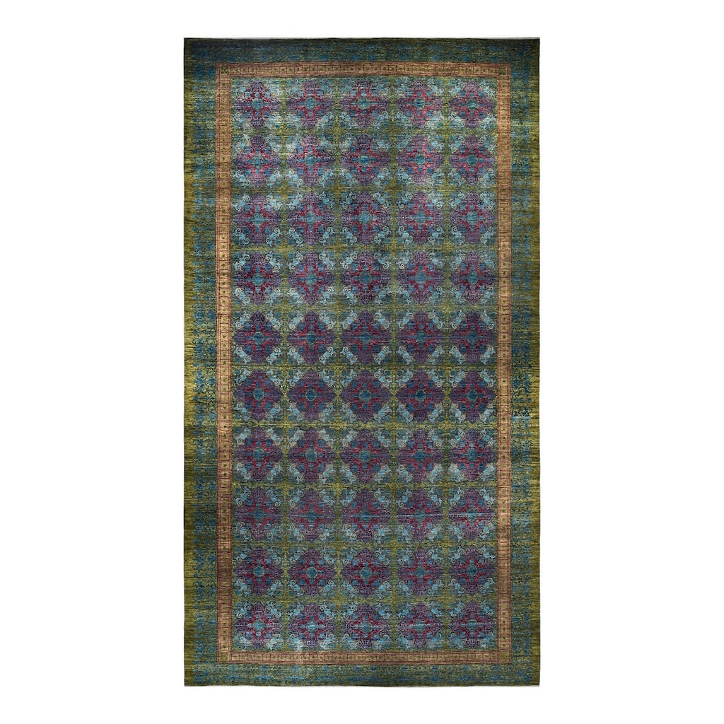 Overton Handknotted Wool Vintage Inspired Contemporary Suzani Green Area Rug - 22' 6" x 12' 2"